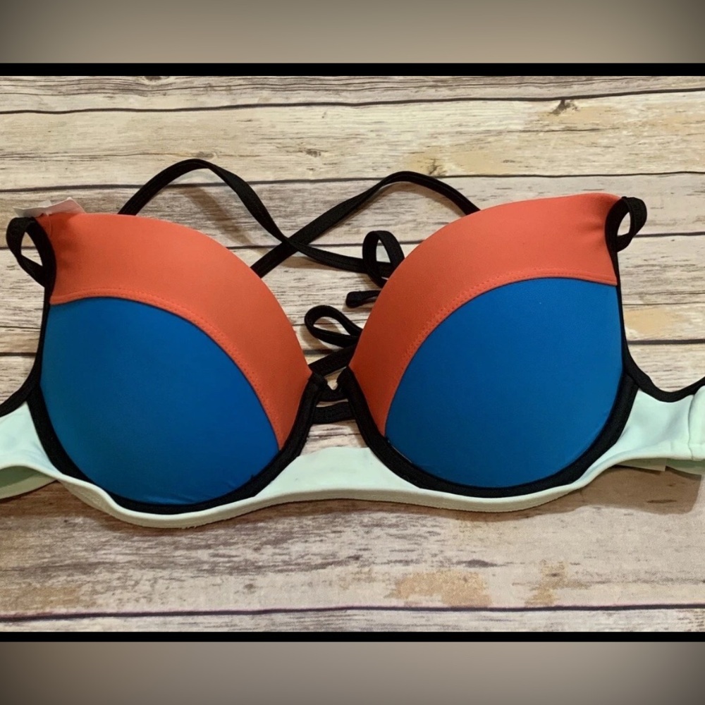 Gianni Bini Women Bikini Top Underwire Padded Colorblock Blue Orange Mint Swim L